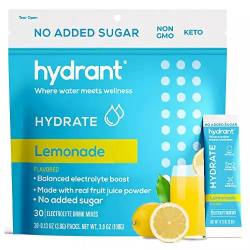 Hydrant Hydrate Lemonade No Added Sugar 30 Stick Packs - Helps Rehydrate Better Than Water